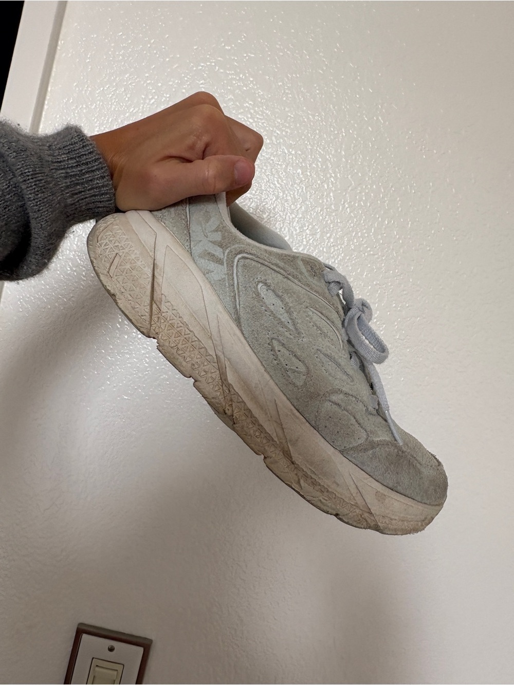 Hoka One One Light Gray Suede Athletic Sneakers